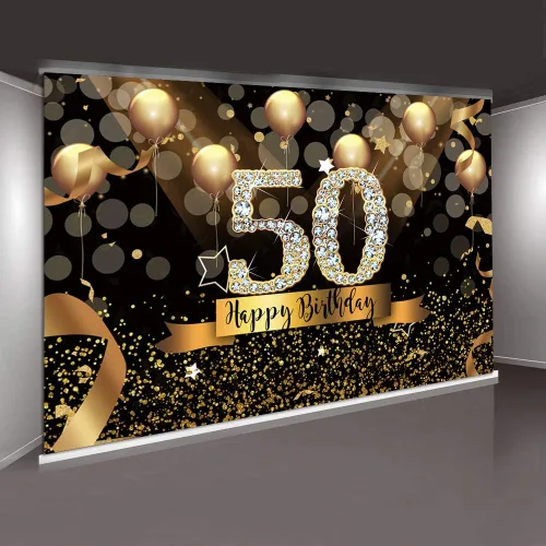 Miniatura 3 de Sensfun Fondo de fotografía para fiesta de cumpleaños número 50 de 7 x 5 pies, con purpurina, globos negros y dorados para mujer, fabulosa