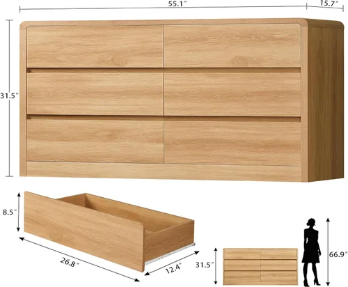 Miniatura 2 de TEENFON 55" Dresser for Bedroom with 6 Drawers, Dressers & Chests of Drawers with Curved Profile Design, 6 Drawer Dresser, Bedroom Dressers, Wood