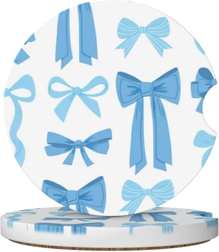 Posavasos de automóvil con lazo azul, paquete de 2 posavasos absorbentes de cerámica para automóvil de 2.56 pulgadas, antideslizante, accesorios