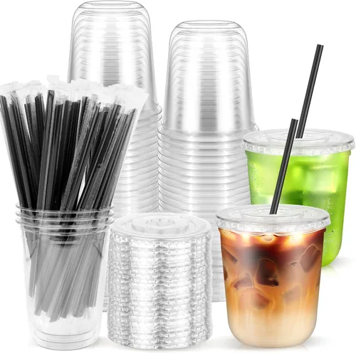 Vasos de plástico de 12 onzas con tapas y pajitas, 25 vasos desechables de fondo redondo transparente para café helado, para llevar, licuado, jugo,
