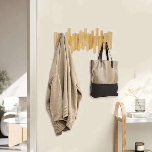 Miniatura 3 de MinBoo Perchero de bambú con múltiples ganchos, moderno, único, que ahorra espacio con 4 ganchos abatibles para colgar abrigos, decoraciones