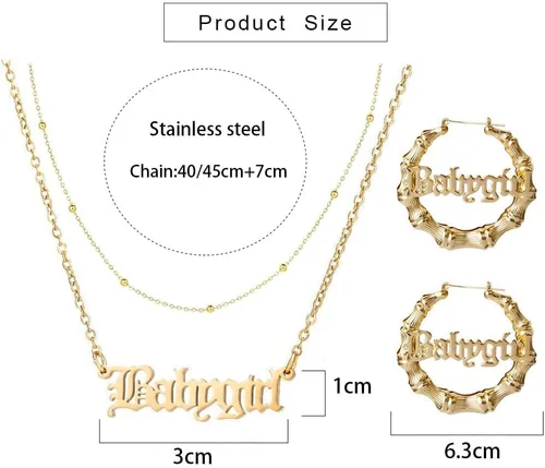 Miniatura 6 de Aretes de aro de bambú para mujer, de acero inoxidable, estilo de letra inglesa, estilo de los años 8090, accesorio para disfraz, conjunto de joyas