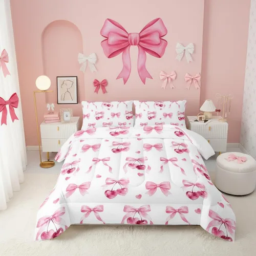 Miniatura 11 de QOOMO Juego de edredón de 3 piezas con diseño de mariposa de dibujos animados, tamaño individual, bonito juego de ropa de cama con lazo