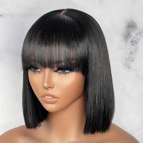 LUVME HAIR Peluca Corta Negra Lisa de 10 Pulgadas con Flequillo y Cuero Cabelludo de Encaje Minimalista 2x1 para Mujeres