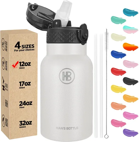 Miniatura 13 de Han's Bottle - Botella de agua para niños con tapa con pajilla - Vaso reutilizable de acero inoxidable aislado para niñas, niños, taza termo, 17