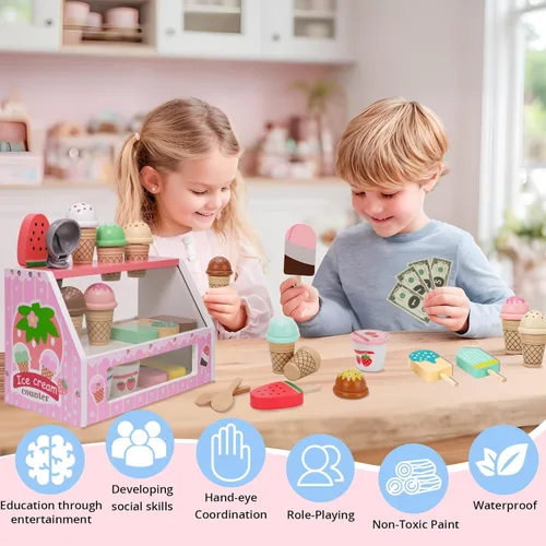 Miniatura 2 de ZJEFUNS Juguetes de Helado de Madera para Niños, Tienda de Helados de Juguete para Niños Pequeños, Comida de Simulación para Jugar, Servir con Rosa