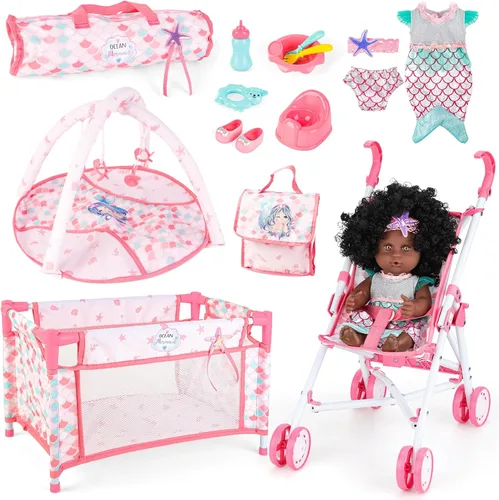 deAO Baby Doll Stroller Nursery Role Play Set Baby Doll Accessories Travel Cot,Foldable Stroller and Travel Bag Birthday for Girls Kids
