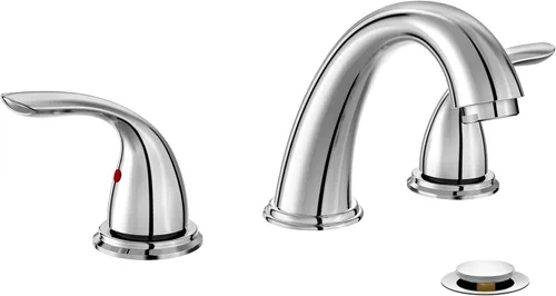 Phiestina Grifo de lavabo de baño de 8 pulgadas, 3 agujeros, 3 piezas, 2 asas, arco bajo con drenaje y válvula emergente de cobre, WF008-5-C Cromo