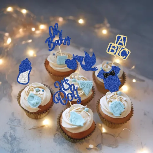 Miniatura 7 de 24 piezas de decoración para cupcakes de baby shower Oh Baby con moño, botella para niño, azul profundo, purpurina para pasteles, decoraciones
