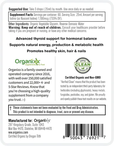 Miniatura 9 de Organixx Suplemento de yodo, gotas líquidas nacientes orgánicas, concentrado de yodo puro para hombres y mujeres, sin gluten, vegano, sin OMG, hecho