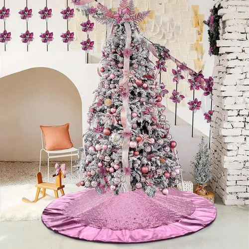 Miniatura 2 de Falda de árbol rosa para árbol de 7 pies, falda de árbol de Navidad de 48 pulgadas, falda de árbol de lentejuelas con purpurina de doble capa