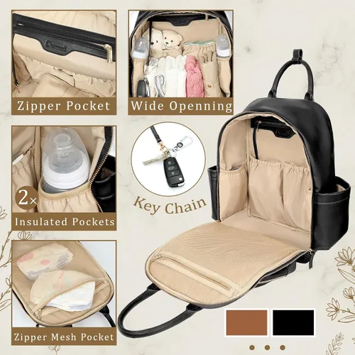 Miniatura 5 de Omanmoli Mochila para pañales, bolsa de bebé de cuero con 16 bolsillos, mochila grande para pañales de viaje, organizador esencial para bebé, 4 Negro