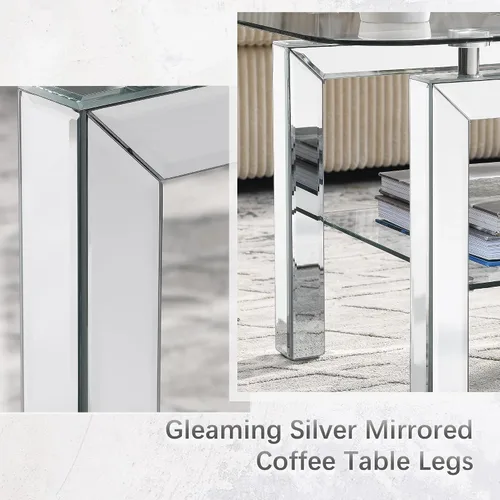 Miniatura 5 de Mesa auxiliar rectangular con parte superior de vidrio con patas de espejo plateadas para sala de estar, moderna y glamorosa mesa de vidrio templado