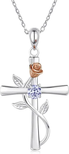 BlingGem Collar de cruz para mujer, collar de plata de ley 925, colgante de cruz rosa, circonita cúbica 5A, 12 meses de nacimiento, aniversario,