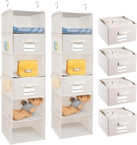 Miniatura 10 de BrilliantJo Organizador colgante de armario con 5 estantes, 2 paquetes de almacenamiento colgante con 6 bolsillos laterales para ropa y zapatos, 43