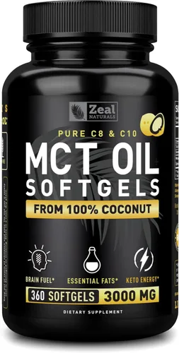 Zeal Naturals Cápsulas de aceite MCT puro, 3000 mg, 360 cápsulas blandas | Aceite C10, C8 MCT coco sin refinar | Suplemento de apoyo energético y