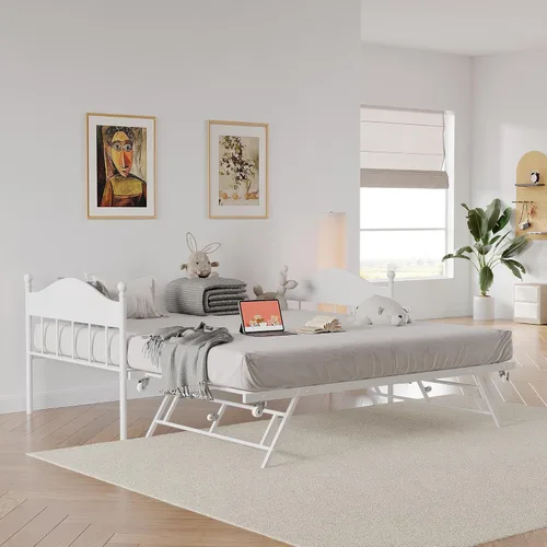 Miniatura 2 de Sofá cama con nido, cama de metal tamaño individual con cabecera elegante, marco de sofá cama con cama nido desplegable emergente, plataforma