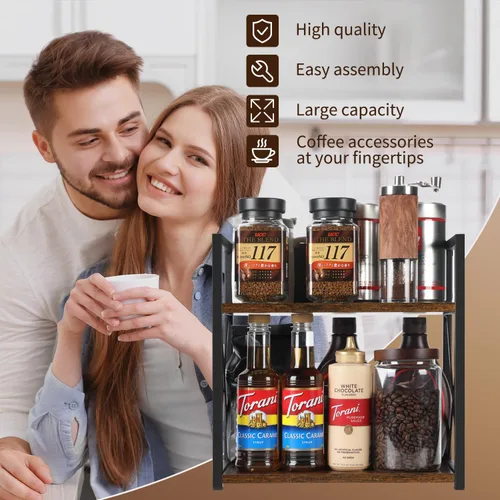 Miniatura 7 de YINMIT Organizador de Estante de Encimera, Accesorios para Barra de Café, Estante para Especias, Estante de Café para Encimera, Estación Marrón