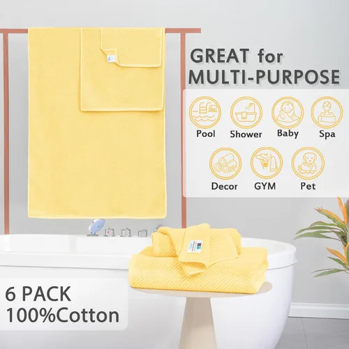 Miniatura 3 de VOOVA & MOVAS Toallas de baño amarillas – 100% algodón Secado rápido Peso Gruesas Suave, juego de 6 toallas de baño, 2 toallas grandes de 30