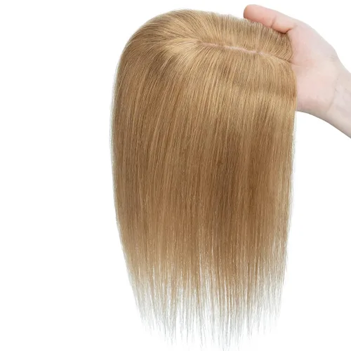 Miniatura 6 de S-noilite Toppers para el cabello humano real para mujer, sin flequillo, 14 pulgadas, #27 rubio oscuro, base de seda, clip en la parte superior