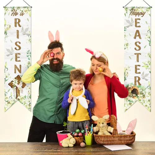 Miniatura 6 de Outus Cartel de feliz Pascua para porche con texto en inglés «He Is Risen» para puerta delantera, decoración de pared para colgar en la pared, fondo