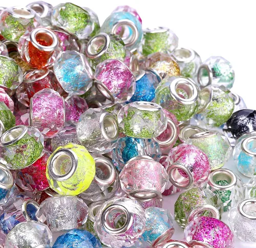 Miniatura 8 de 100 Piezas Cuentas Espaciadoras Europeas de Agujero Grande de 0.551 pulgadas, Mezcla de Colores con Núcleos de Latón Plateado Surtidos Cuentas