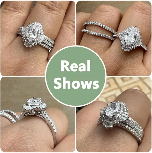 Miniatura 6 de Newshe Jewellery Anillos de compromiso vintage para mujer AAAAA CZ anillo de boda realzador nupcial conjunto de 3.5 quilates plata de ley 925 halo