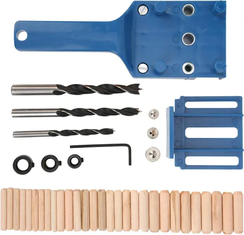Joyzan Guía de taladro de agujero de clavija de madera, kit de perforación de plantilla de clavija de mano, autocentrado, bolsillo recto, sierra Azul