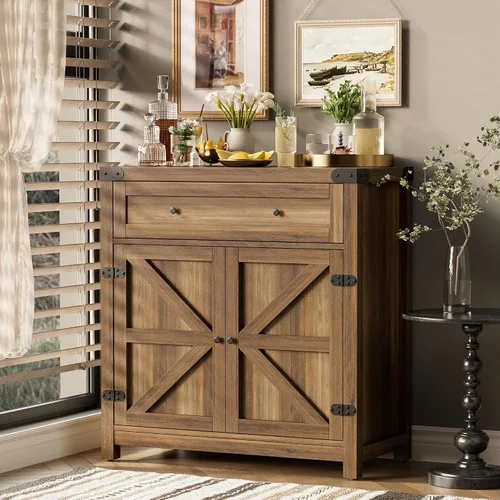 Miniatura 2 de JUMMICO Gabinete de barra de café, aparador de cocina de granja, gabinete de buffet con cajón y estante ajustable para puerta de granero de Marrón