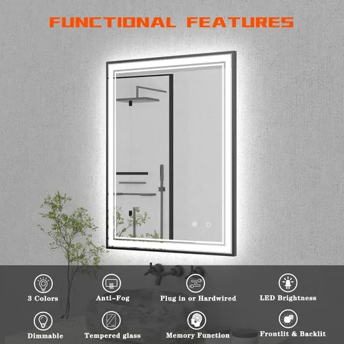 Miniatura 3 de Espejo de baño LED de 30 x 22 pulgadas con luces LED enmarcadas, espejo de baño retroiluminado y frontal iluminado, marco de aluminio cuadrado