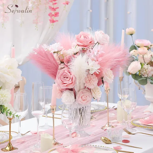 Miniatura 7 de Serwalin 12 piezas de hierba de Pampas rosa, decoración de hierba de Pampas falsa rosa de 17.7 pulgadas, hierba de Pampas artificial corta rosa Un