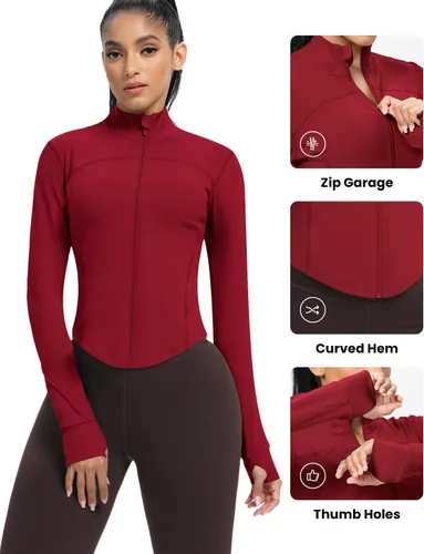 Miniatura 16 de AVGO Chaquetas de entrenamiento recortadas para mujer, con cremallera, ajustadas, atléticas, con agujeros para el pulgar
