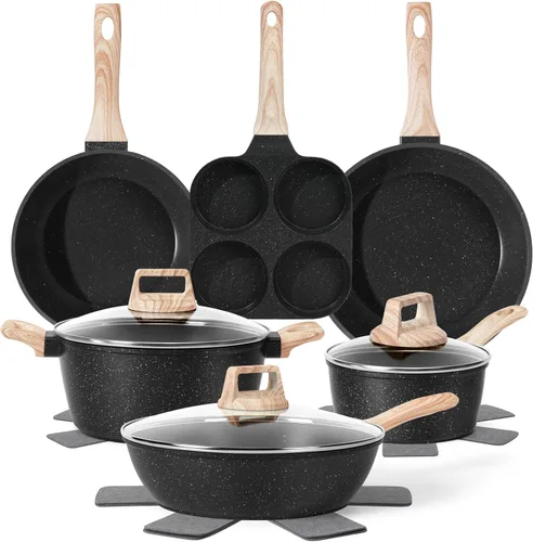 Juego de 13 piezas de ollas y sartenes, juego de utensilios de cocina antiadherentes de granito negro de inducción, juego de cocina antiadherente