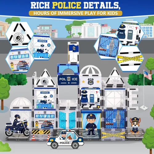 Miniatura 3 de 60 piezas de conjunto de azulejos magnéticos de estación de policía con 6 muñecas magnéticas, bloques de construcción de azulejos magnéticos