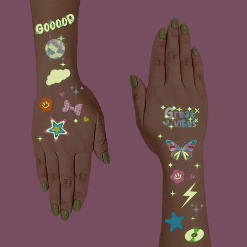 Miniatura 3 de Tatuajes temporales que brillan en la oscuridad para adultos, 126 unidades; suministros de fiesta de cumpleaños de ambiente festivo, tatuajes