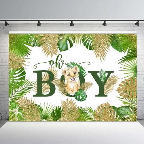 Miniatura 2 de MEHOFOND Cartel de fondo de baby shower con temática de safari en la selva de 7 x 5 pies, Oh Boy, animales del bosque, vegetación, fondo de león