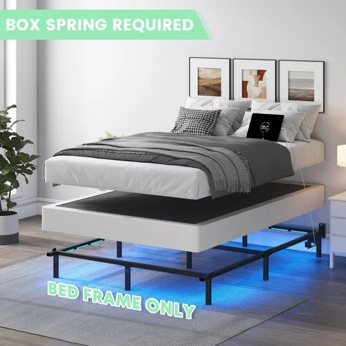 Miniatura 4 de QEROMY Base de cama matrimonial para somier, marco de cama de metal de 7 pulgadas con luces LED, base de cama de soporte de 9 patas, fácil montaje