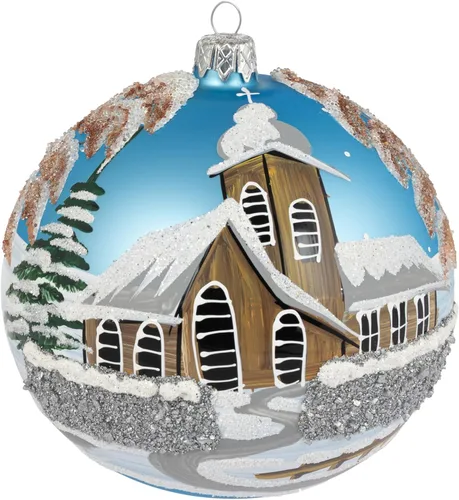Miniatura 74 de Adorno navideño de capilla azul con soporte, bola de vidrio soplado polaco pintada a mano, bola extra grande de 8 pulgadas/200mm, adorno de fe eterna