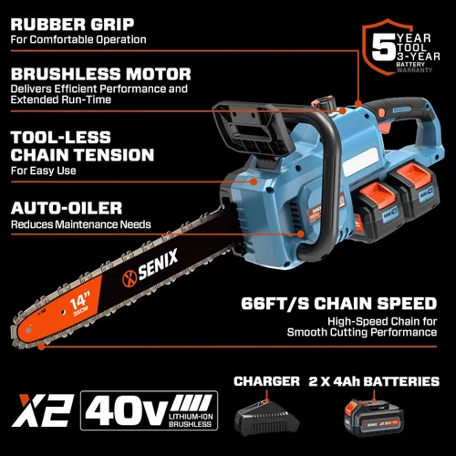 Miniatura 8 de SENIX Motosierra eléctrica de 40 V y 14 pulgadas, motosierra inalámbrica a batería, motosierra sin escobillas, incluye baterías de 2 x 4 Ah
