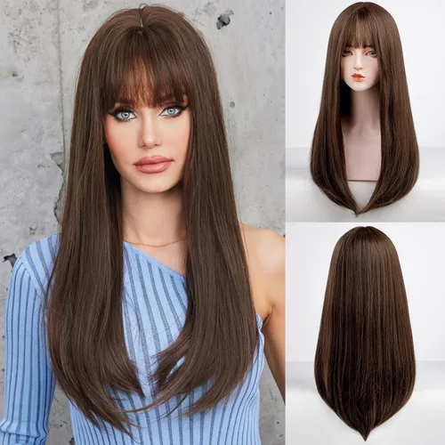 EMMOR Peluca Marrón con Flequillo para Mujeres Pelucas Largas Rectas Sintéticas para Niñas Halloween Fiesta Cosplay y Uso Diario (26" Marrón)