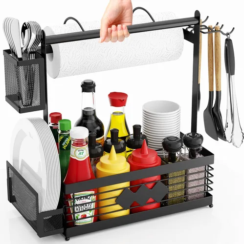 Organizador de Parrilla para Parrilla al Aire Libre, Organizador de Barbacoa con Soporte de Toalla de Papel de Camping y Soporte de Platos,
