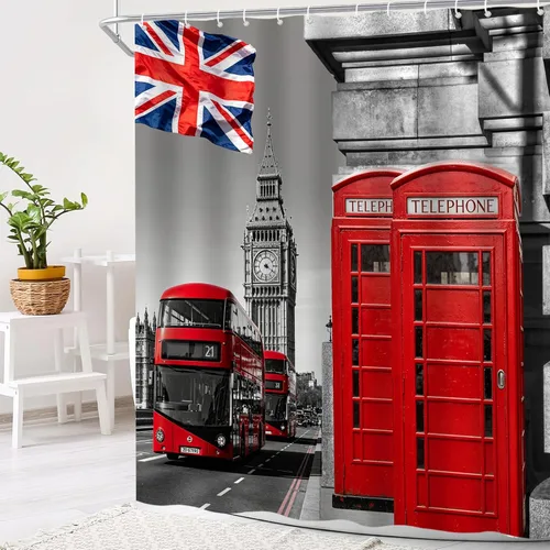 Cortina de ducha de Londres, cabina de teléfono roja en la calle, paisaje romántico de la ciudad, calle vieja, Big Ben, vintage, tradicional, local,