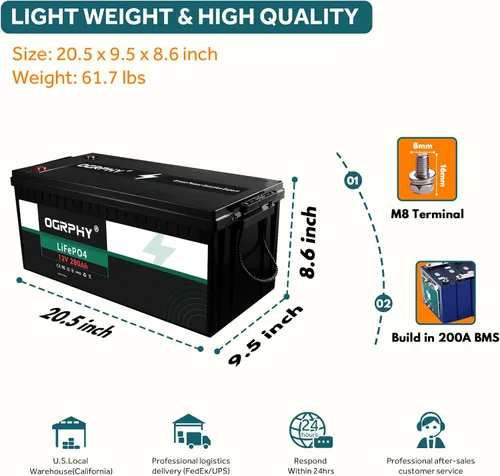 Miniatura 2 de OGRPHY - Batería LiFePO4 de 3584Wh 280Ah de litio con BMS de 200A, celda de batería de iones de litio de grado A de 2000-5000 ciclos profundos