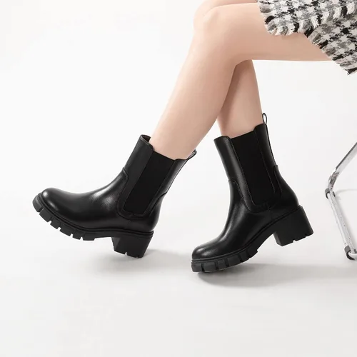 Miniatura 6 de Athlefit Botas Chelsea de plataforma a media pantorrilla para mujer, suela de lengüeta, tacón grueso, botines de cuero elástico