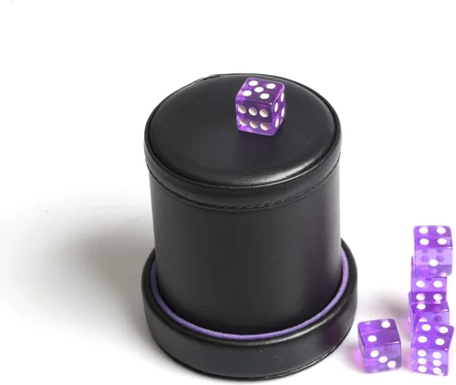 Miniatura 2 de Taza de dados de piel sintética con forro de terciopelo morado con tapa, incluye 6 dados translúcidos morados para mentirosos dados Farkle Yahtzee