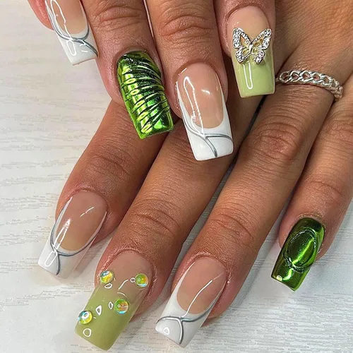 Miniatura 16 de Uñas postizas a presión de color rojo vino brillante, uñas postizas largas de almendra, uñas postizas onduladas doradas irregulares con pegamento
