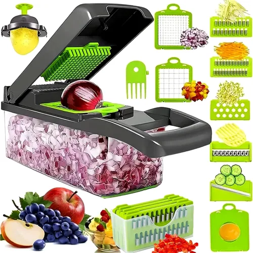 Picadora de verduras y espiralizador profesional 16 en 1 – Picadora de alimentos de varias cuchillas con recipiente, picadora de cebolla, cortador