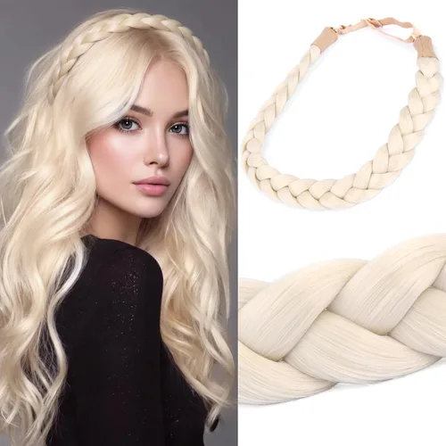 Miniatura 42 de Diadema clásica de cabello sintético trenzado, trenzas gruesas y anchas, extensión de cabello con elástico para mujeres y niñas, accesorio