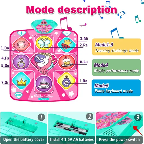 Miniatura 4 de Kusntin Tapete de baile, mezclador de ritmo, tapete de baile rosa con luces LED, volumen ajustable, música incorporada, 5 modos de juego, regalos