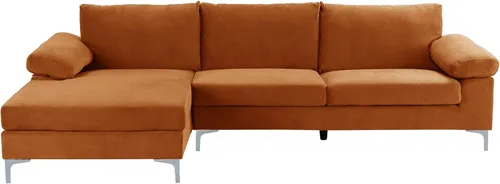 Miniatura 3 de Casa Andrea Milano Moderno sofá seccional grande en forma de L de terciopelo, con diván extra ancho Naranja